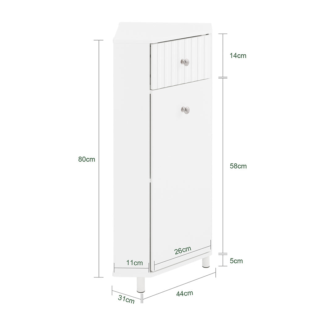 SoBuy BZR194-W Meuble de salle de bain d'angle blanc - Meuble de rangement étroit avec tiroir et porte - 44x31x80 cm