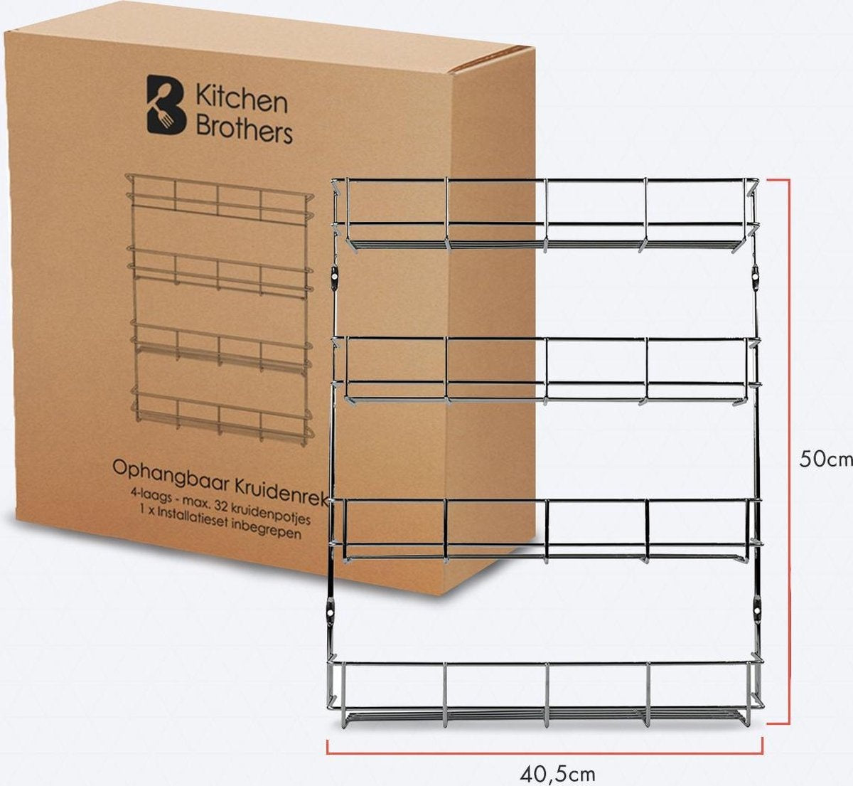 Support à épices suspendu pour 32 pots d'épices KitchenBrothers - Support de cuisine - Organisateur d'épices - Stockage d'épices - 4 couches - 40 x 6.3 x 50 cm - acier inoxydable