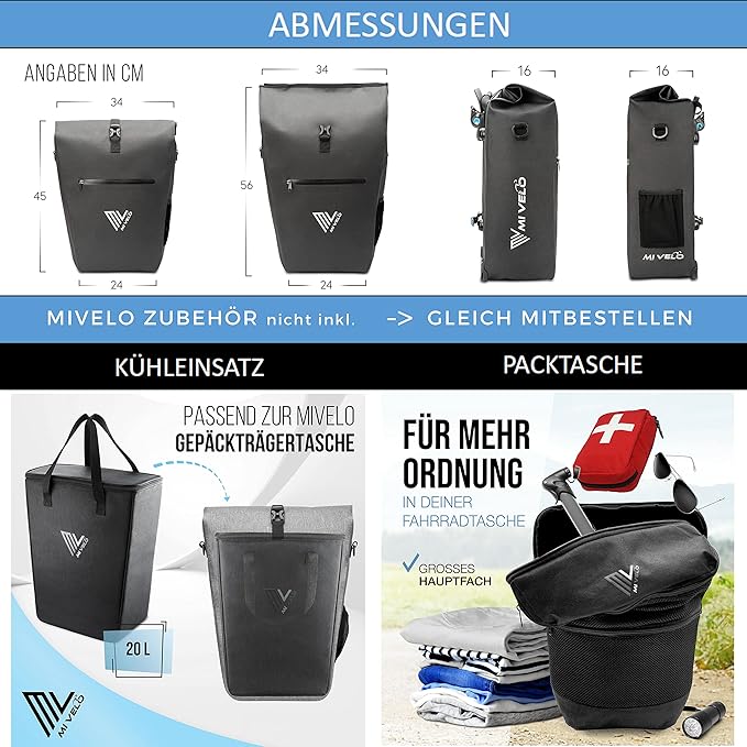 MIVELO Pannier - Imperméable & Incl. compartiment pour ordinateur portable & antivol de vélo - 25 litres - Sandbeige