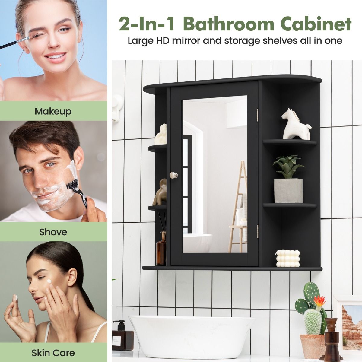 coast Mirror Cabinet Salle de Bain - 66×17×62 cm - Noir - Armoire murale avec porte miroir et étagères ouvertes