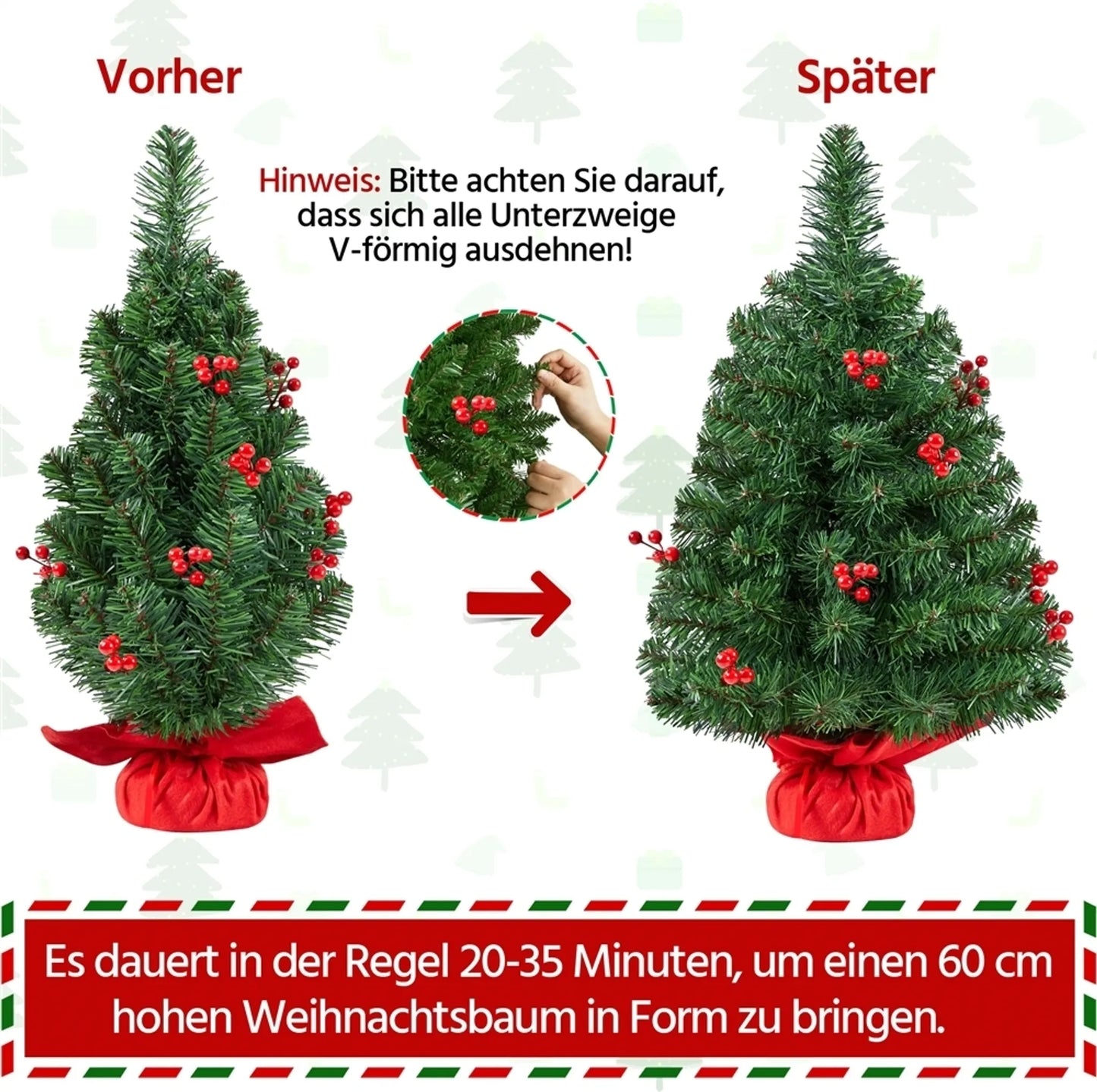 Yaheetech Arbre de Noël de table avec lumières - 38 x 38 x 60 cm - avec 35 lumières LED et 40 baies rouges et base en béton avec tissu rouge - pour le buffet et le bureau - PVC vert et béton
