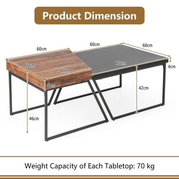 Ensemble de 2 tables basses Table d'appoint moderne empilable noire et marron avec pieds en métal peint par poudrage Table à litière trapézoïdale