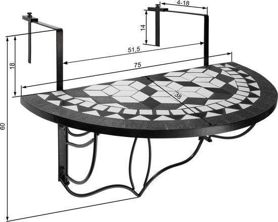 tectake - Table de balcon suspendue table mosaïque - pliable - noir/blanc - 402767