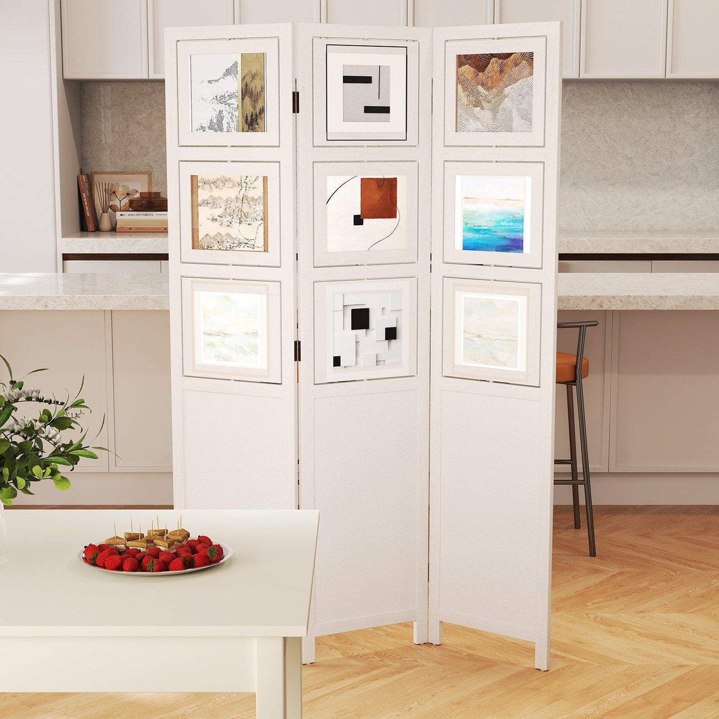 Coast Paravent avec 9 cadres photo rotatifs - 170 x 121 cm - Blanc & Nature - Paravent pliable en bois de Paulownia