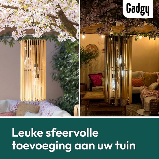Éclairage de jardin Gadgy Solar à énergie solaire – Lanterne d'extérieur en rotin – Lampe suspendue ou lampe de table – Résistante aux éclaboussures – Éclairage d'ambiance pour le jardin, le balcon ou la terrasse – Marron – Ø 17 x 41 cm – Capteur jour/nui