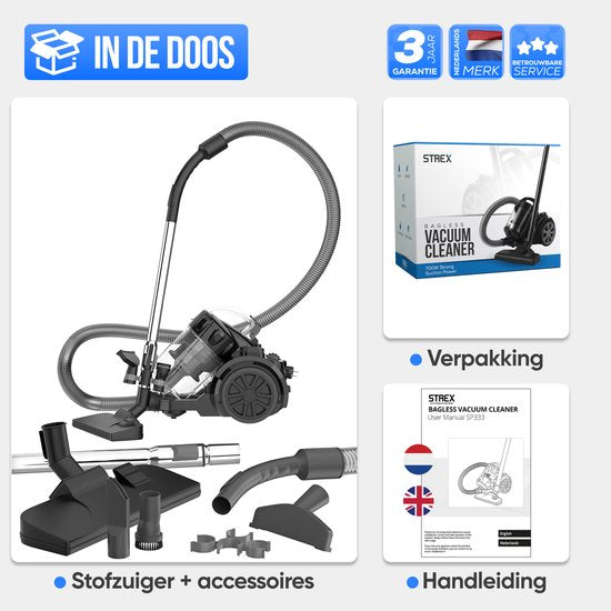 Strex Aspirateur sans sac - Aspirateur sans sac puissant de 700W - Filtre HEPA - Bac à poussière de 2,5L - Cordon extra long - 4 accessoires inclus