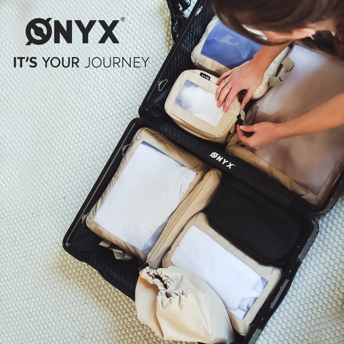 ONYX® Cubes de compression - 7 pièces - Organiseurs de bagages avec zip de compression - Pour valises et sacs - Beige