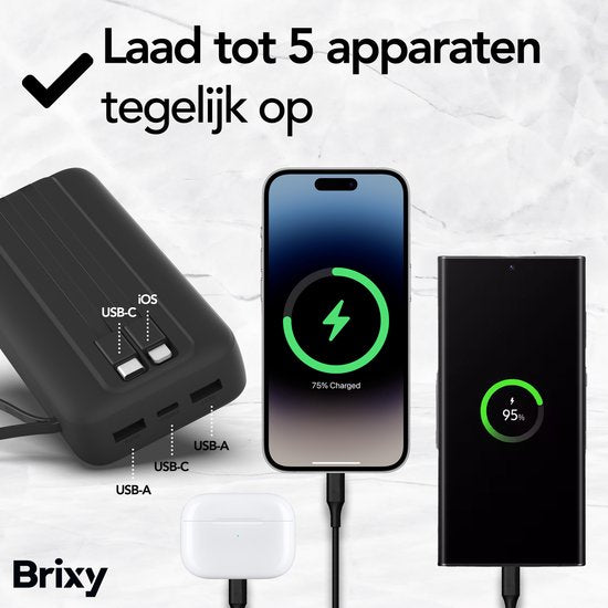 Brixy Powerbank - 20 000 mAh - Chargement rapide 22,5 W - Affichage LED - USB-A/USB-C - Pour iPhone et Samsung, entre autres - Noir