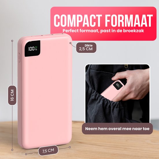 Strex Powerbank Pink - 27 000 mAh - Charge rapide 22,5 W - USB-A/USB-C - Indication LED - Powerbank universel adapté à iOS/Android, entre autres