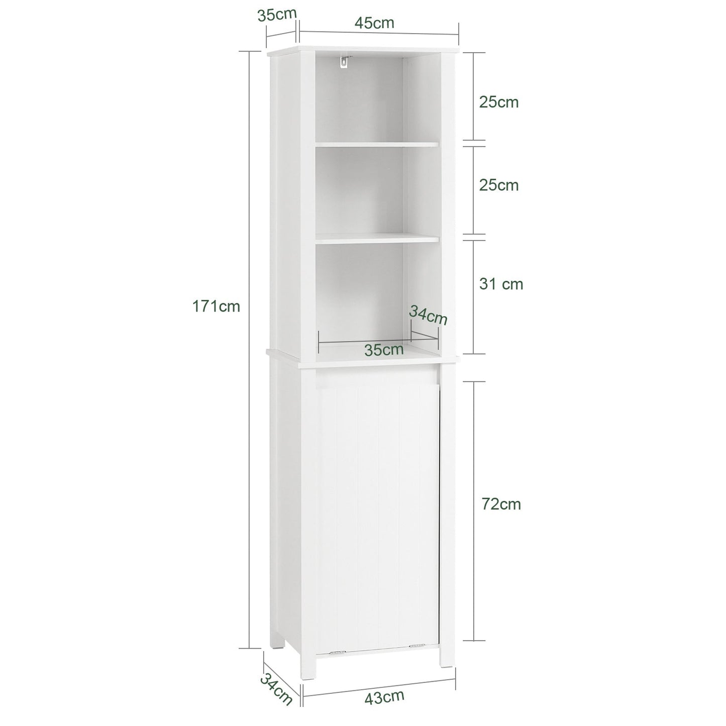 Meuble colonne de salle de bain, SoBuy, Meuble haut, 3 étagères, 1 panier à linge basculant, 45 x 35 x 171 cm, Blanc