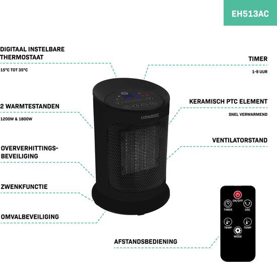 VONROC Chauffage électrique - chauffage soufflant - 1200W/1800W - céramique - 3 réglages - thermostat - minuterie - affichage LED - fonction swing - télécommande incluse - 20m2