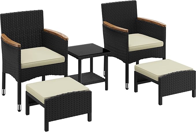 Ensemble de salon Yaheetech - 5 pièces - 2 chaises / 2 poufs / table - osier PE - noir/beige
