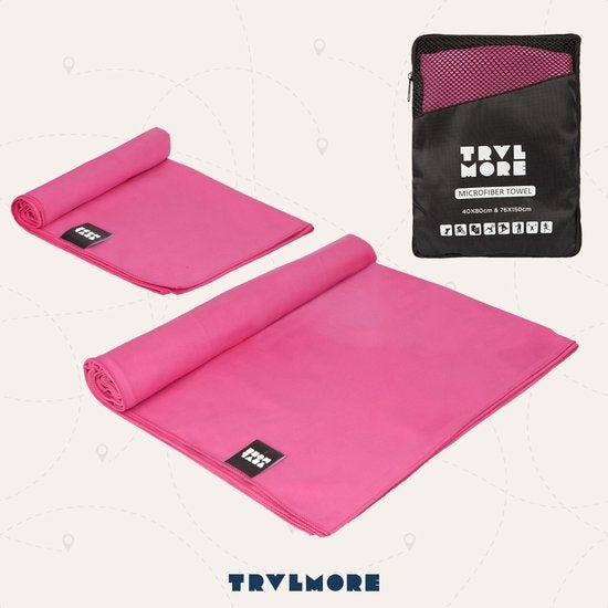 TRVLMORE Set de serviettes de voyage en microfibre - 2 pièces - Petit (40 x 80 cm) & Grand (76 x 150 cm) - Microfibre - Rose