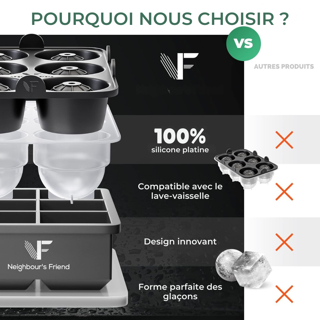 Moules à glaçons Neighbour's Friend - 2 Grands moules de 6 glaçons ronds & 6 cubes - Lavable au lave vaisselle - ø4,5 cm/ 5x5x5cm - Noir