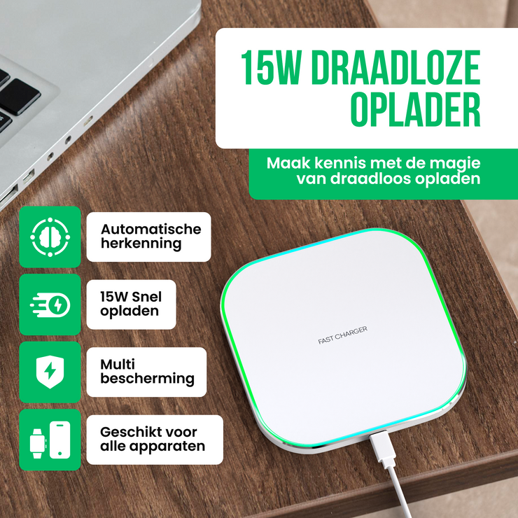 Strex Wireless Charger 15W - Câble inclus - QI Fast Charger - Chargeur sans fil - Chargeur rapide - Indication LED - Blanc