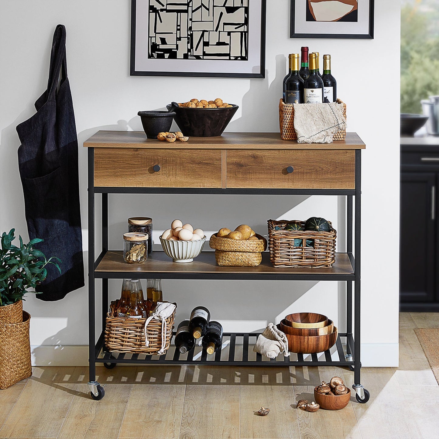 SoBuy Chariot de cuisine sur roulettes avec 2 tiroirs et 2 étagères - 100x45x93 cm - Max. 60KG - Couleur bois foncé
