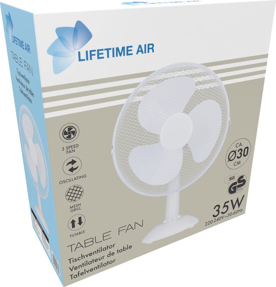 Lifetime Air Ventilateur de table 35W - Ventilateur pour table et bureau - avec poignée, 3 vitesses et fonction d'inclinaison - Silencieux 65dB - Blanc