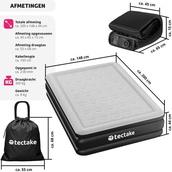 tectake® - Matelas gonflable AirDreams avec pompe électrique - Sac de transport avec cordon de serrage inclus - Résistant à l'eau - Chambre à coucher - Camping - Lit d'appoint - Dimensions (LxLxH) 200 x 148 x 44 cm