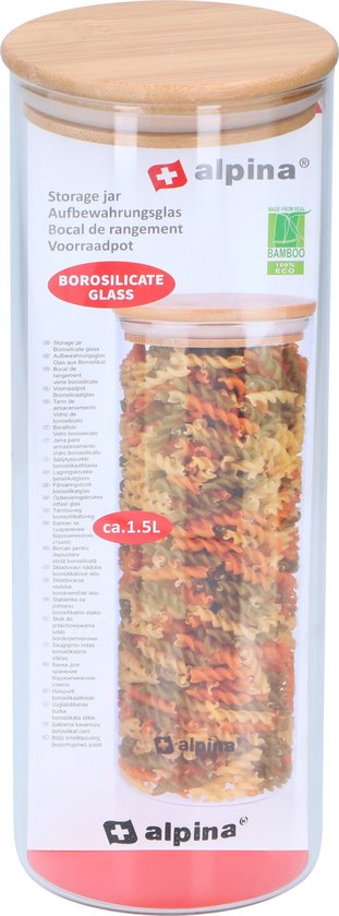 alpina Stockpot 1.5L - Pot en verre avec couvercle - Pot de stockage en verre borosilicate/bambou