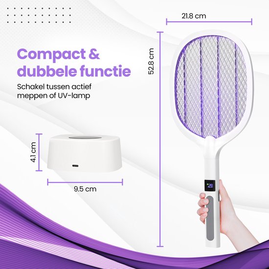 TTD® Premium Electric Fly Swatter and Mosquito Lamp Rechargeable with XXL 2 Meter Charging Cable and LCD Screen - 2 Stages Fly Swatter and Mosquito Lamp - 2500 Volts - Rechargeable via USB and Power Socket - With Safety Net - UV Light - Fly Catcher
