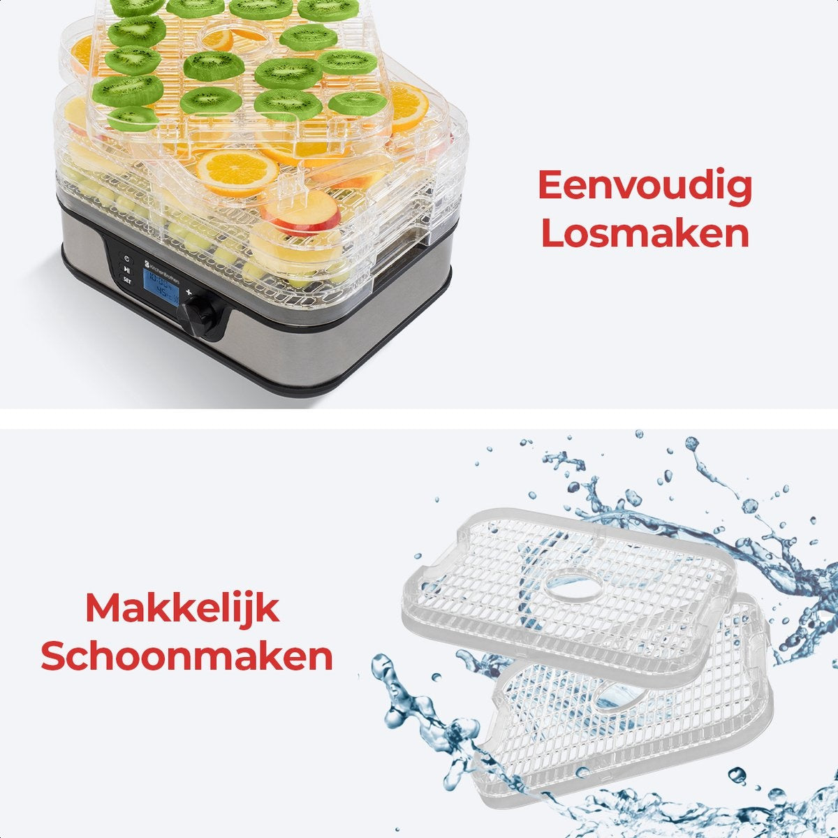 Séchoir à aliments - KitchenBrothers - électrique 380W - 5 couches - 9 niveaux de chaleur - 35°C à 75°C - minuterie - acier inoxydable/noir