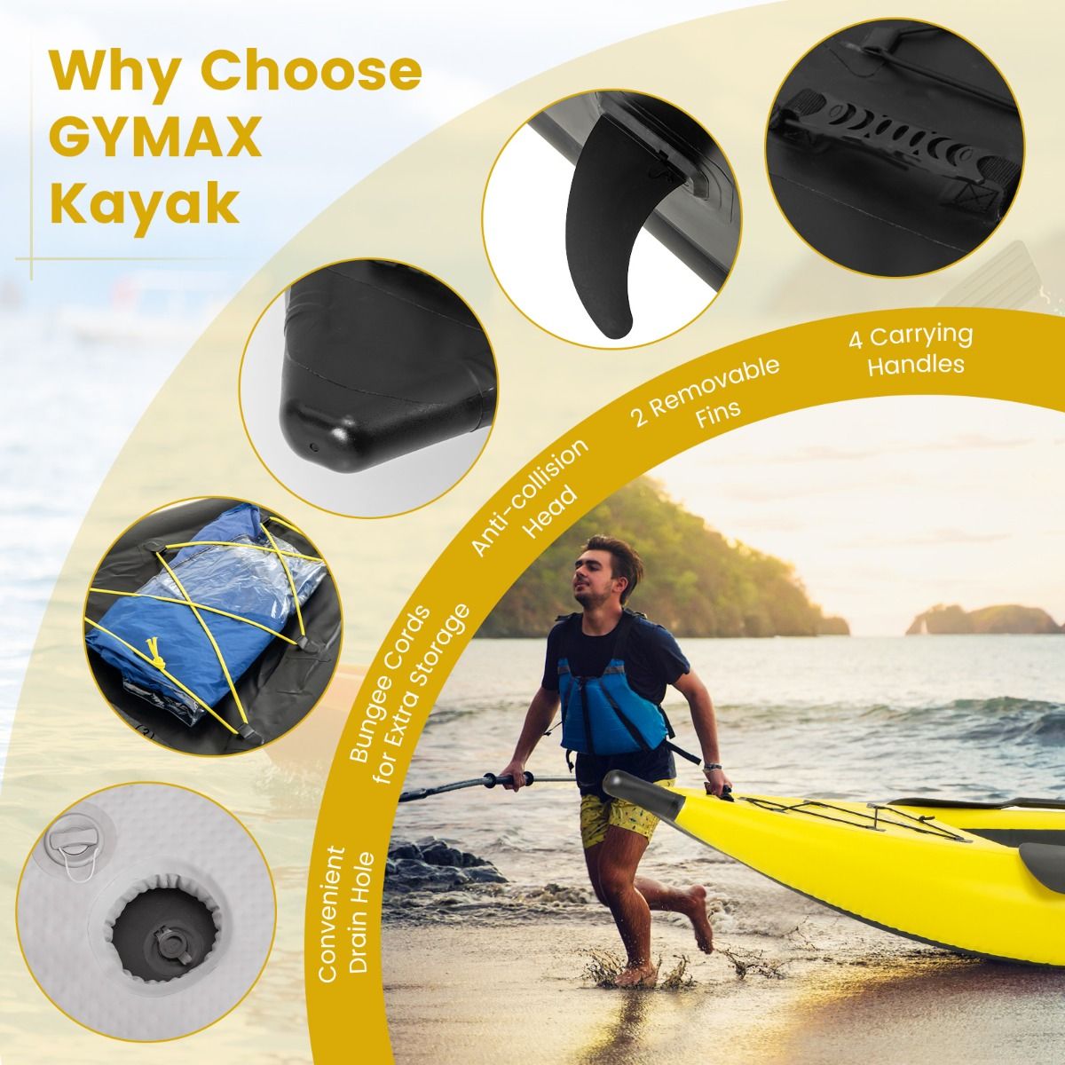 Kayak gonflable Coast pour 2 personnes - Sièges réglables - Pagaies et pompe à main incluses - Jaune