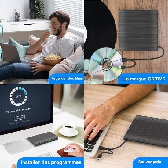 Lecteur DVD Externe avec Graveur Strex, CD/DVD, Plug & Play, USB 3.0 DVD Player, noir