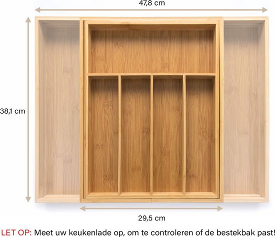 Budu Plateau à couverts extensible en bambou #38 (38 cm de profondeur) - Cassette à couverts en bois - Tiroir à couverts - 38 x 29.5 - 47.8 cm - 5/7 compartiments