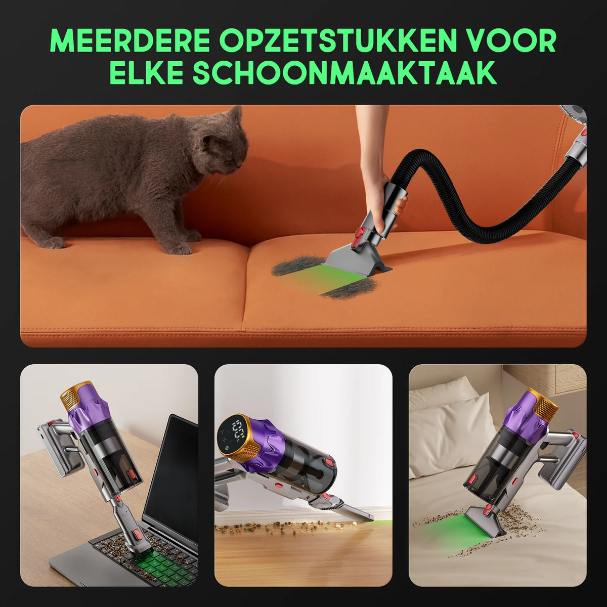 Aspirateur balai sans fil Daynee 65 kPa - Jusqu'à 70 minutes d'autonomie - Brosse anti-bouloches avec LED - Idéal pour les poils d'animaux - Or