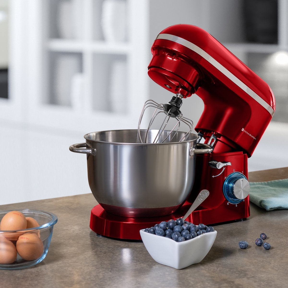 Robot de cuisine - KitchenBrothers - Mixeur de cuisine avec bol de 6L - Acier inoxydable - 1400W - Rouge