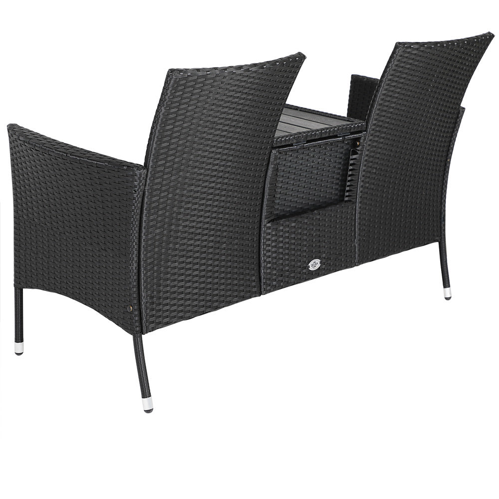 Banc de jardin Casaria Polyrattan - 2 places, table et coussins inclus - Noir