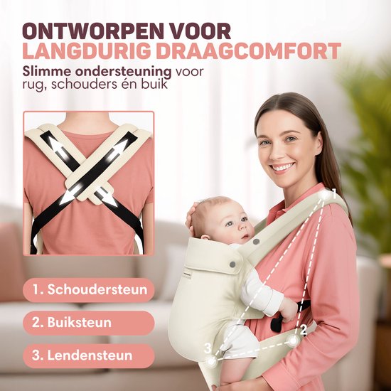 Vulpes Goods® BabyCare - Porte-bébé - Porte-bébé ergonomique 0-36 mois - Porte-bébé ventral de luxe jusqu'à 20 kg - Coton OEKO-TEX® - Confort mains libres - Avec support dorsal et position M - Crème