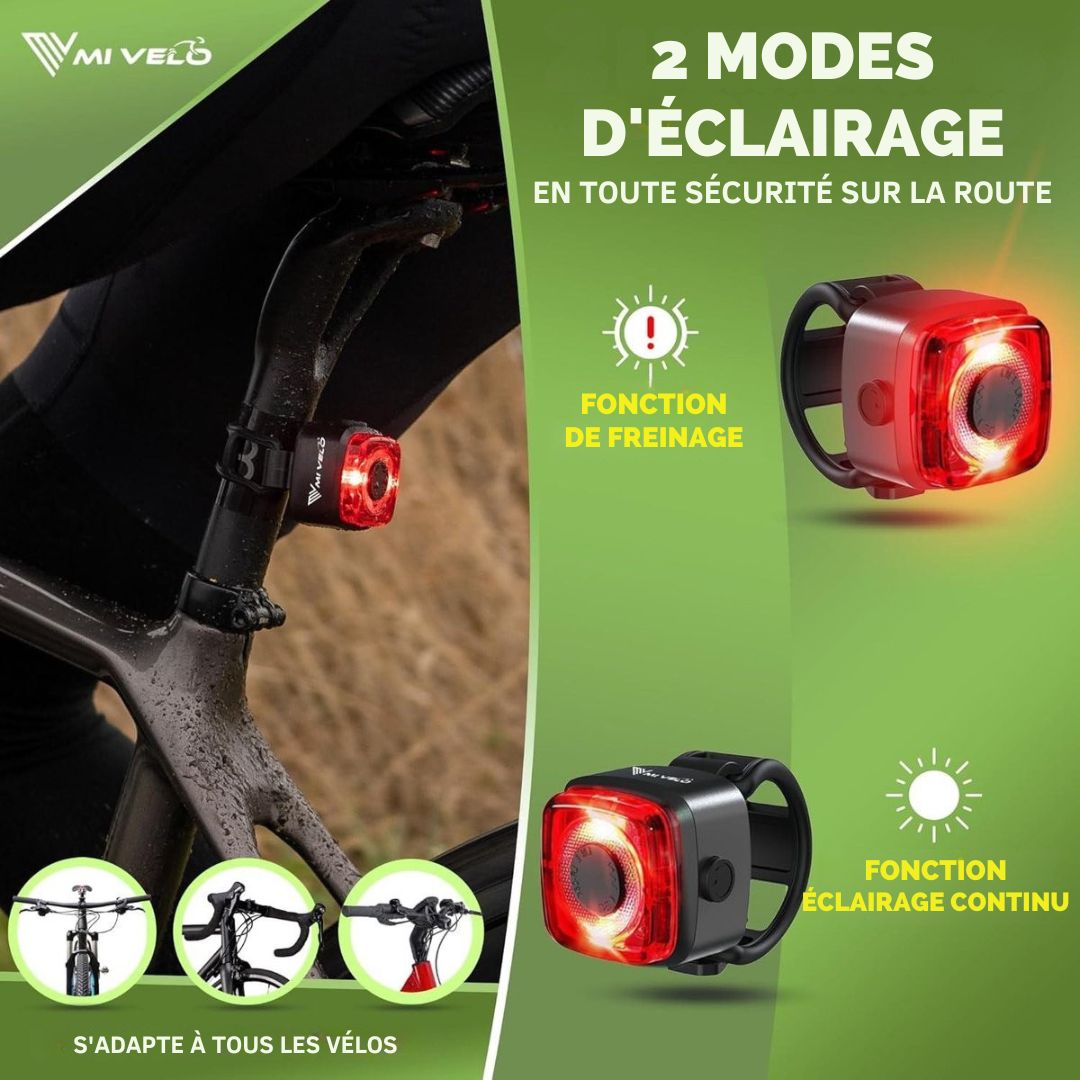 Ensemble de feux de vélo avec indicateur de freinage MIVELO - Feu de vélo LED homologué StVZO et étanche IPX5 - rechargeable via USB - avec batterie rechargeable - noir