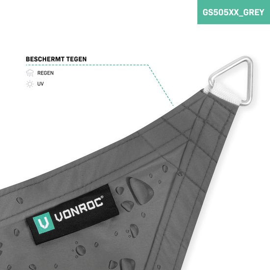 VONROC Premium Toile d'ombrage - Triangle - ∆ 360 cm - Hydrofuge - Gris - Sac de rangement et cordon de fixation inclus