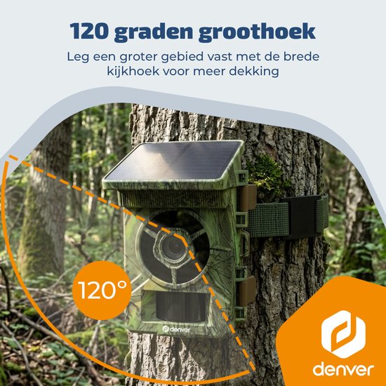 Caméra de surveillance Denver avec vision nocturne et Wi-Fi - 4K Ultra HD - 48 Mpx - Wi-Fi - Application pour smartphone - Écran LCD - Panneau solaire rechargeable - WSW8120 - Modèle 2026