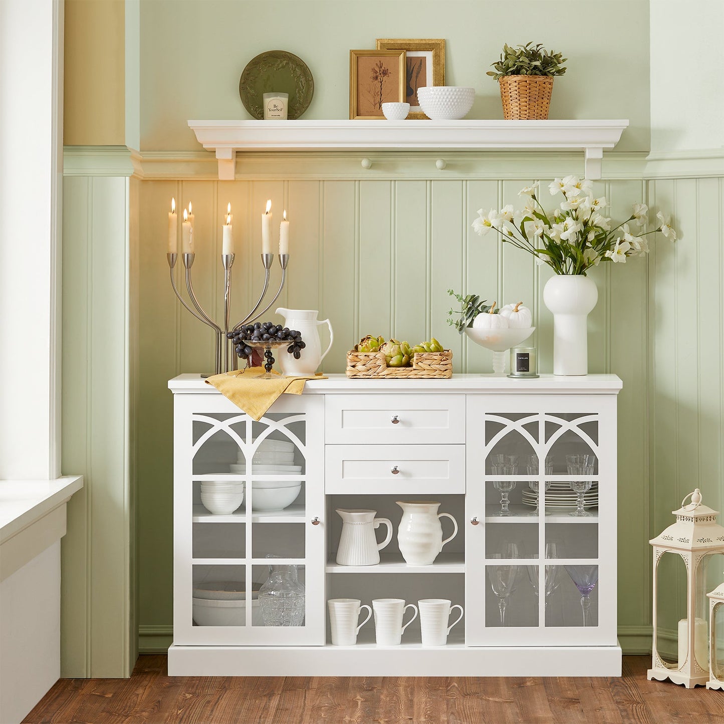 SoBuy FSB79-W Sideboard - Meuble de cuisine blanc avec tiroirs et portes en verre