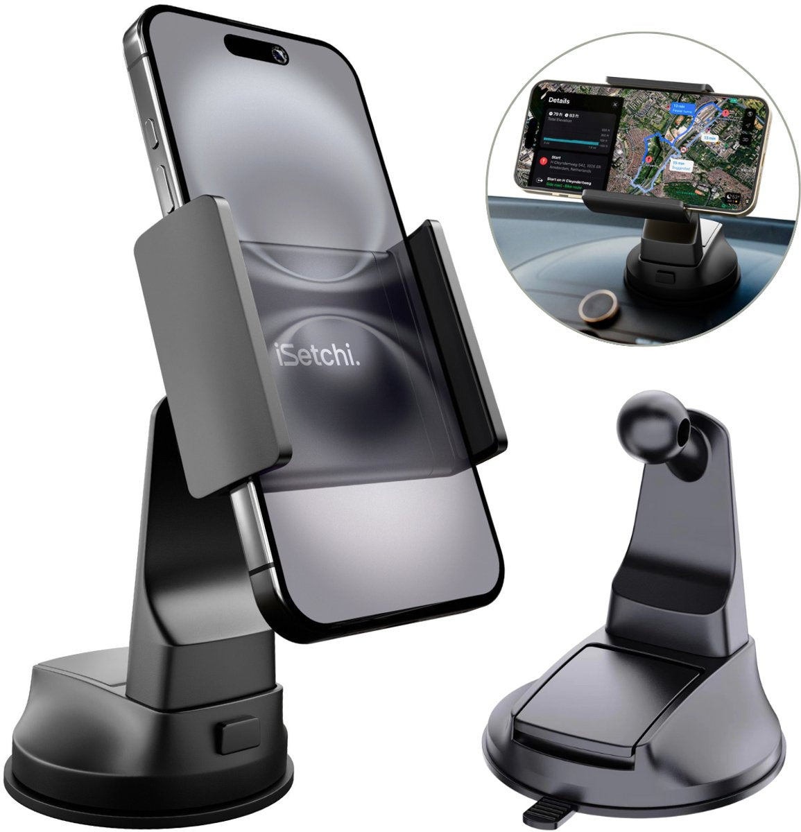 Support de téléphone iSetchi FlexHold Pro pour voiture - Noir - Ventouse pour vitre et tableau de bord - Rotation à 360° - Universel - 5 x 7 x 8 cm