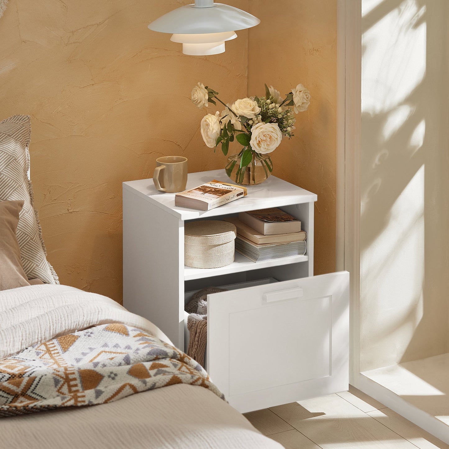 SoBuy Table de chevet - avec compartiment ouvert et tiroir - max. 30 kg - 39 x 38 x 55 cm - blanc