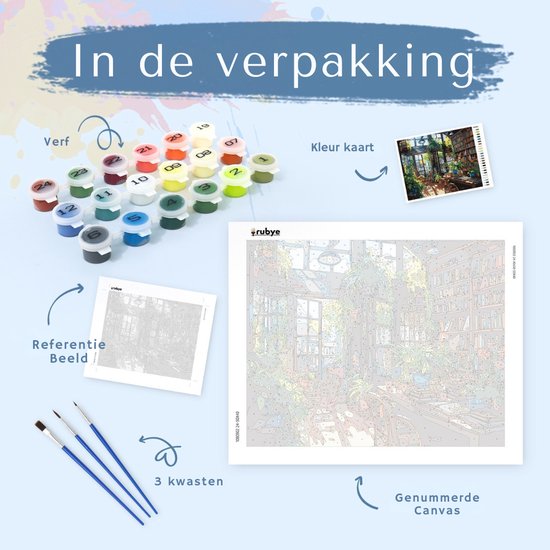 Rubye® Painting By Number Adults - Bibliothèque - Pinceaux inclus - Toile Peinture sur toile - Colour by Number - 50x40cm