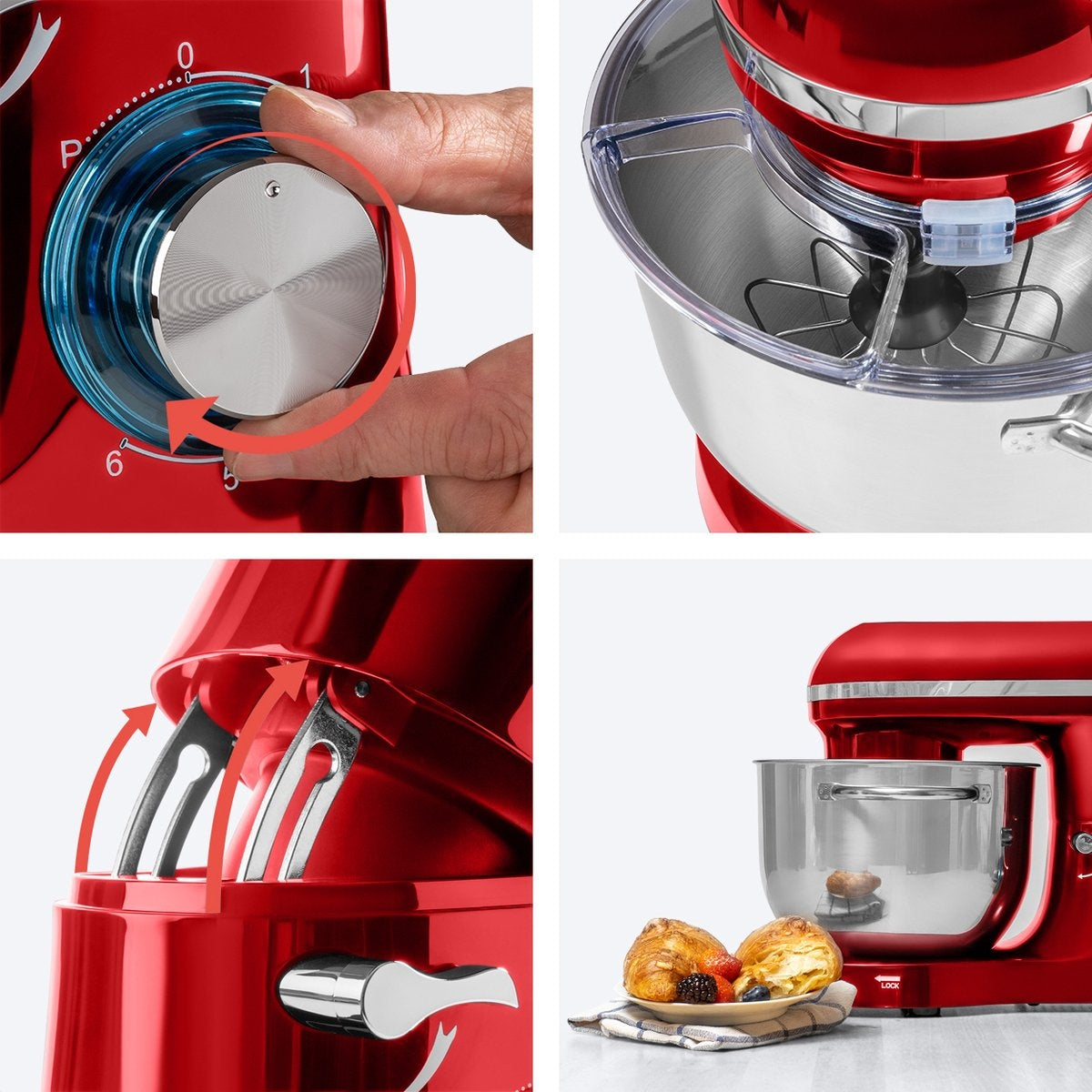 Robot de cuisine - KitchenBrothers - Mixeur de cuisine avec bol de 6L - Acier inoxydable - 1400W - Rouge