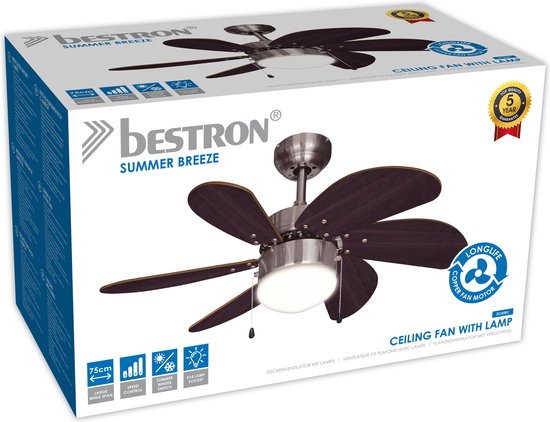 Bestron Ventilateur de plafond avec éclairage, 3 vitesses et grande portée de Ø75 cm, incl. fonction été/hiver, 50 W, DC30BC, couleur : Brun /eik