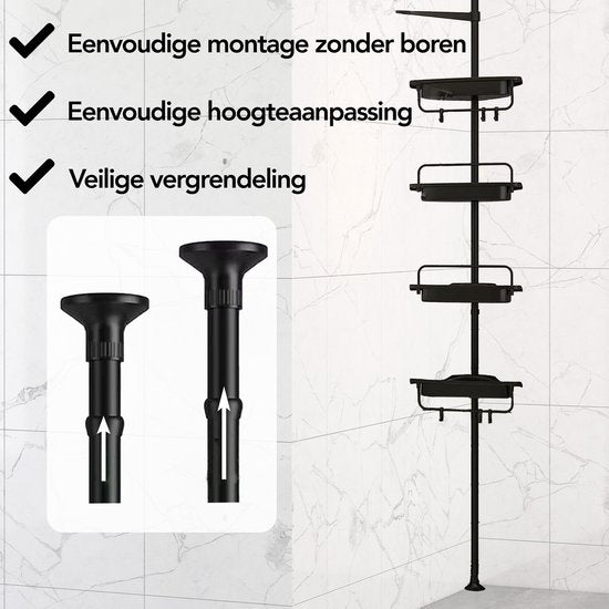 Brixy Support de douche - télescopique - 85-305 cm - sans perçage - du sol au plafond - 4 étagères - 3 crochets - noir