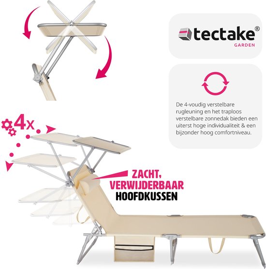 tectake® - bain de soleil bain de soleil - 4 positions, pliable - beige - 68 x 190 x 28 cm, avec poche latérale