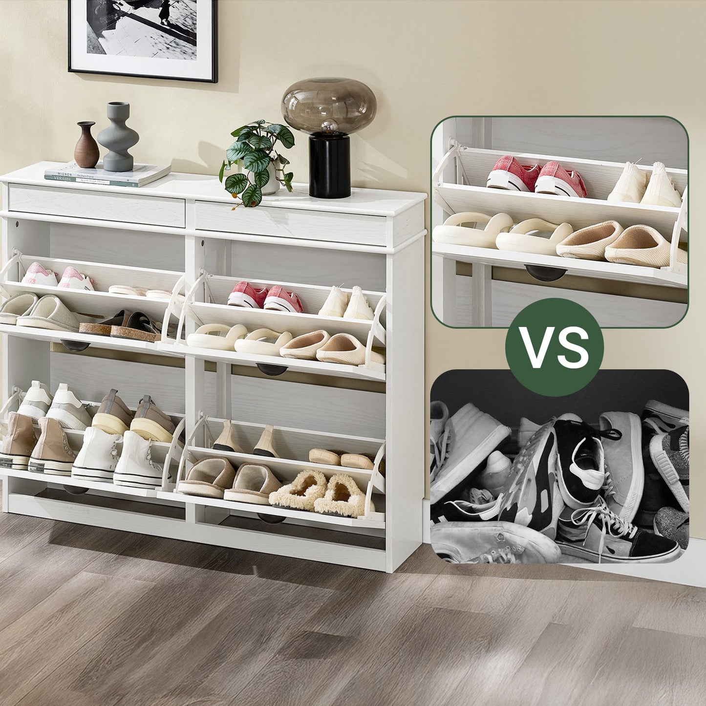 SoBuy Armoire à chaussures FSR79-WG - 4 volets - 103 x 23 x 82 cm - Blanc avec effet bois antique - Support pour 16 paires de chaussures