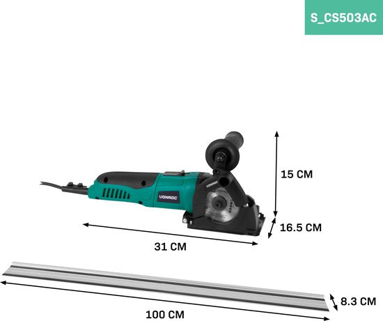 VONROC Mini scie circulaire / scie plongeante 500W - Ø85mm - Avec rail de guidage - Vitesse variable - 3 lames de scie incluses