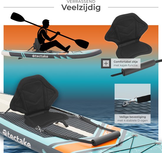 tectake® Stand-Up Paddle Board - SUP Board - Gonflable - Stable - 288 x 77 x 22.5 cm - Max 200kg - Orange Turquoise