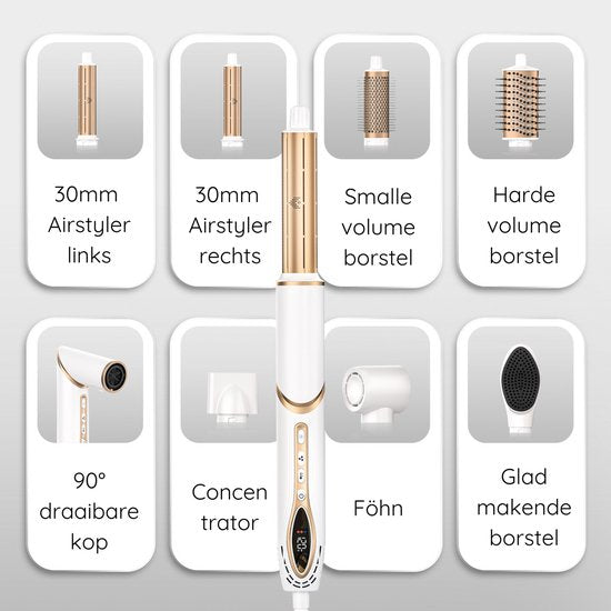 Sansbeauté® 7-in-1 Airstyler - Multistyler - Brosse sèche-cheveux cheveux courts - Hairstyler - Sèche-cheveux - Brosse sèche-cheveux - Brosse chauffante - Brosse à boucler - Pince à boucler - Brosse coiffante - Coldshot - Câble rotatif