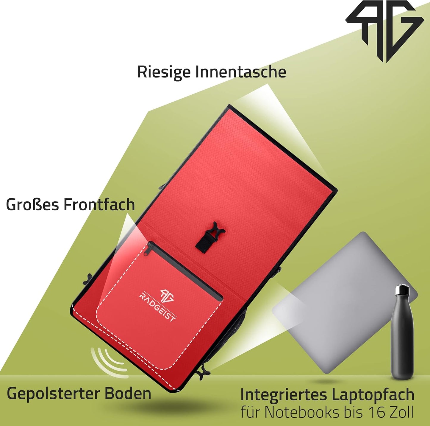 RADGEIST 3in1 sacoche de transport - sac à dos pour vélo - sacoche de transport - sac à bandoulière - avec compartiment pour ordinateur portable - étanche - 25L - rouge