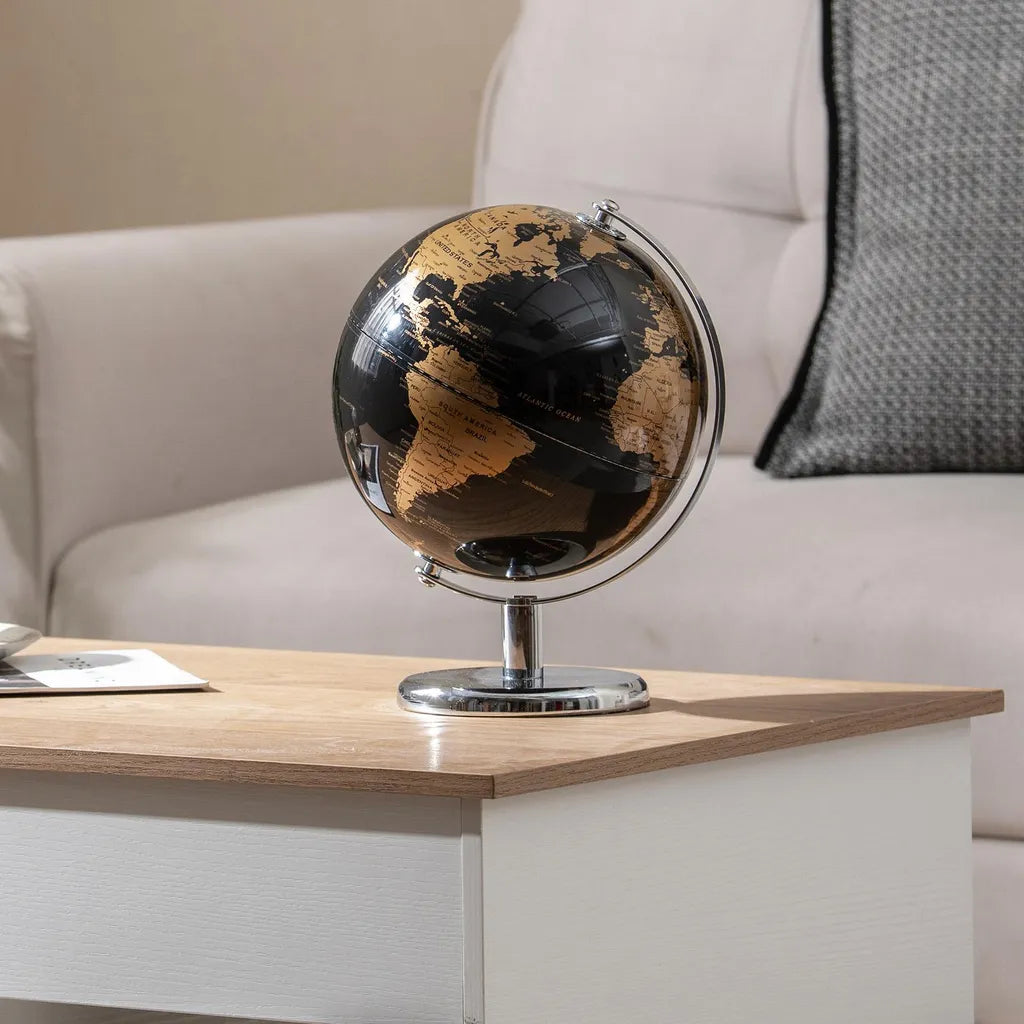 Globe Coast 20 cm - Noir/Or - Rotatif à 360° - Avec socle métallique - 21 x 21 x 27 cm