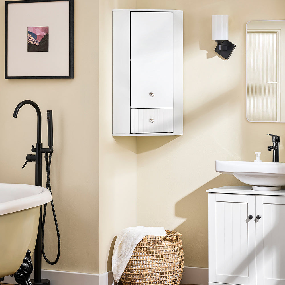 SoBuy BZR194-W Meuble de salle de bain d'angle blanc - Meuble de rangement étroit avec tiroir et porte - 44x31x80 cm